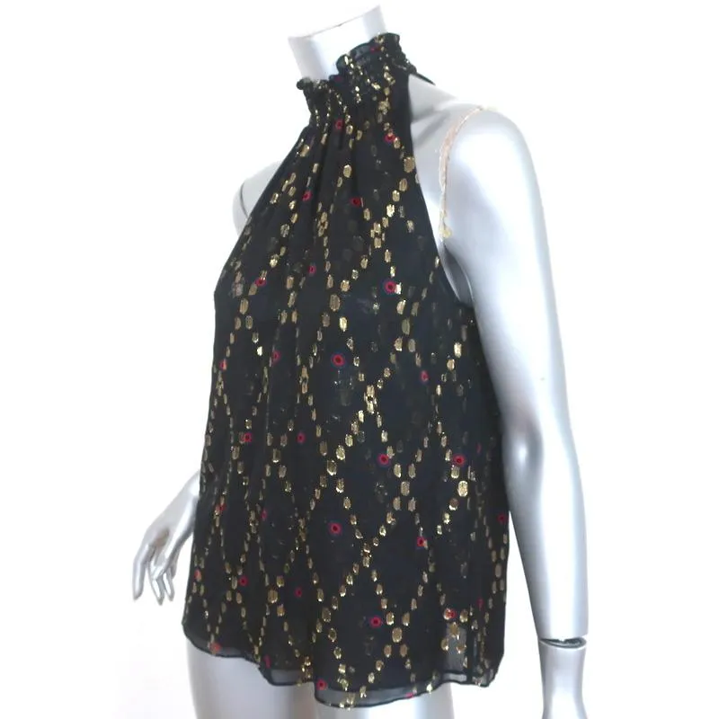 A.L.C. Smocked Neck Top Black Metallic Printed Silk Size 2 Sleeveless Blouse