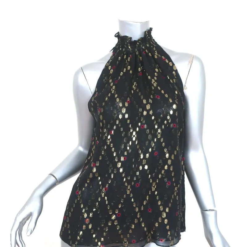 A.L.C. Smocked Neck Top Black Metallic Printed Silk Size 2 Sleeveless Blouse