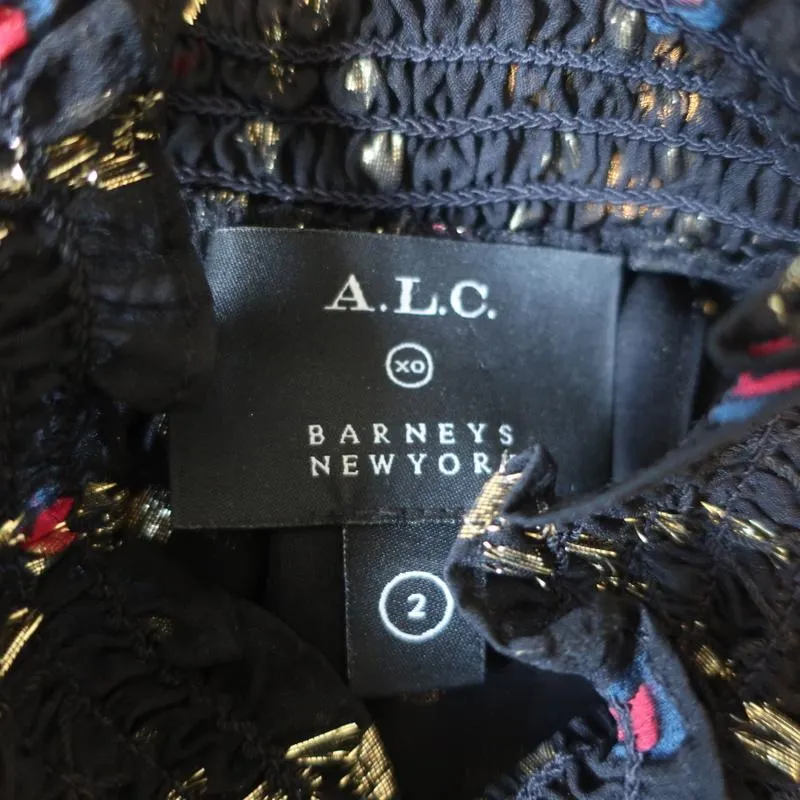 A.L.C. Smocked Neck Top Black Metallic Printed Silk Size 2 Sleeveless Blouse