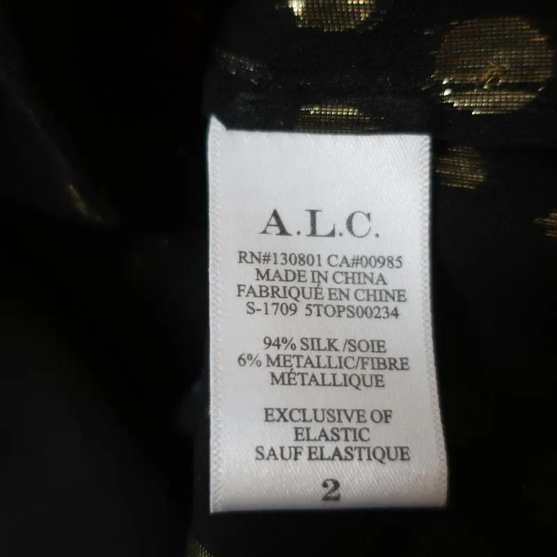 A.L.C. Smocked Neck Top Black Metallic Printed Silk Size 2 Sleeveless Blouse