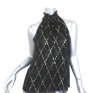 A.L.C. Smocked Neck Top Black Metallic Printed Silk Size 2 Sleeveless Blouse