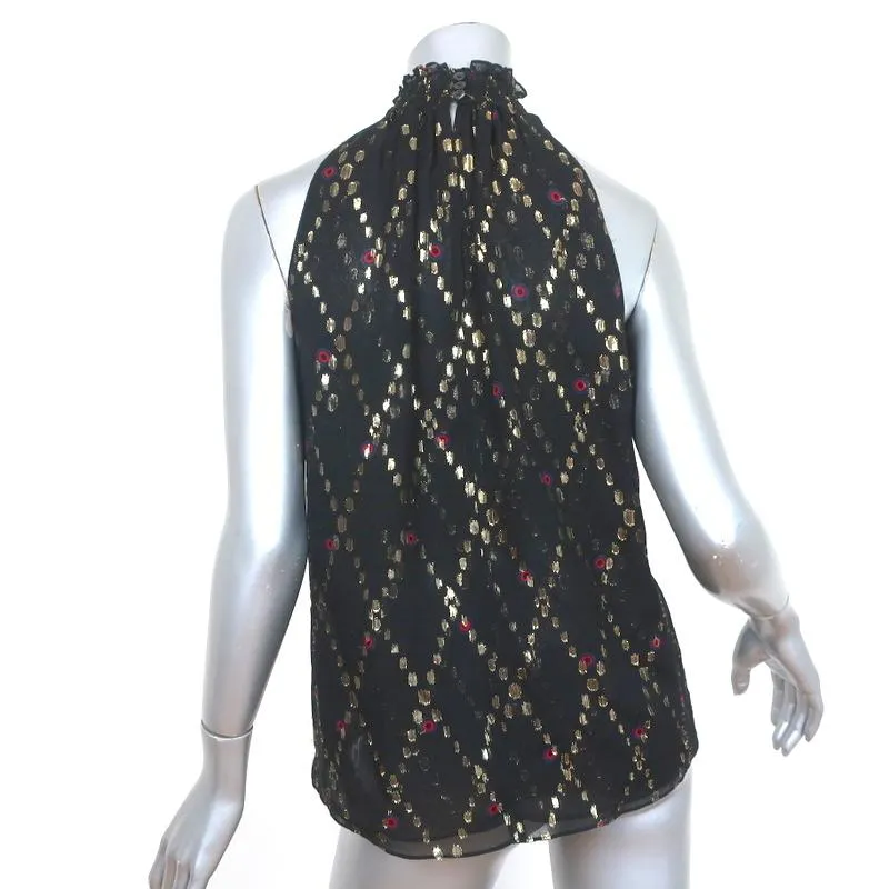 A.L.C. Smocked Neck Top Black Metallic Printed Silk Size 2 Sleeveless Blouse