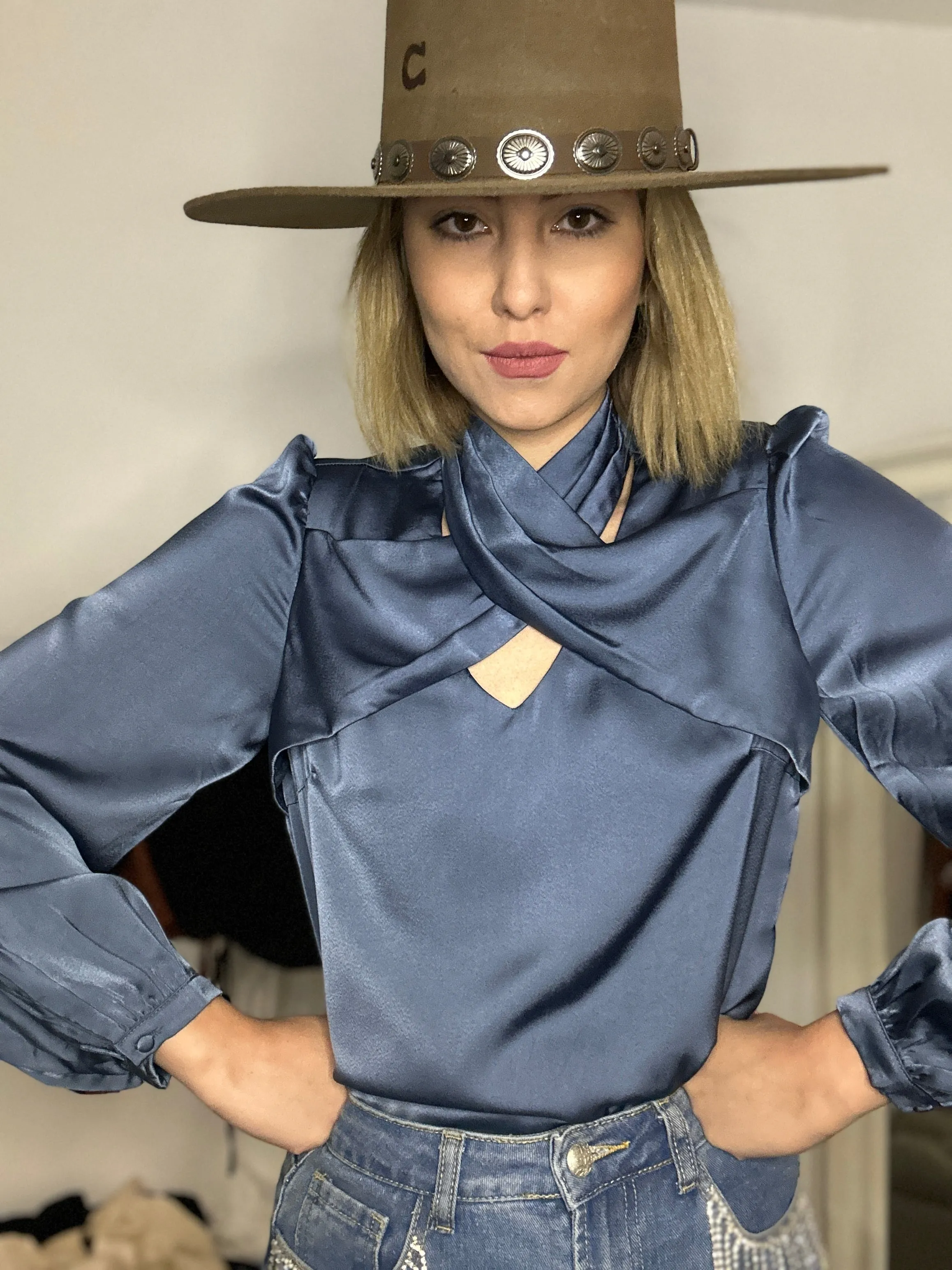 Analucia Dusty Blue Satin Top