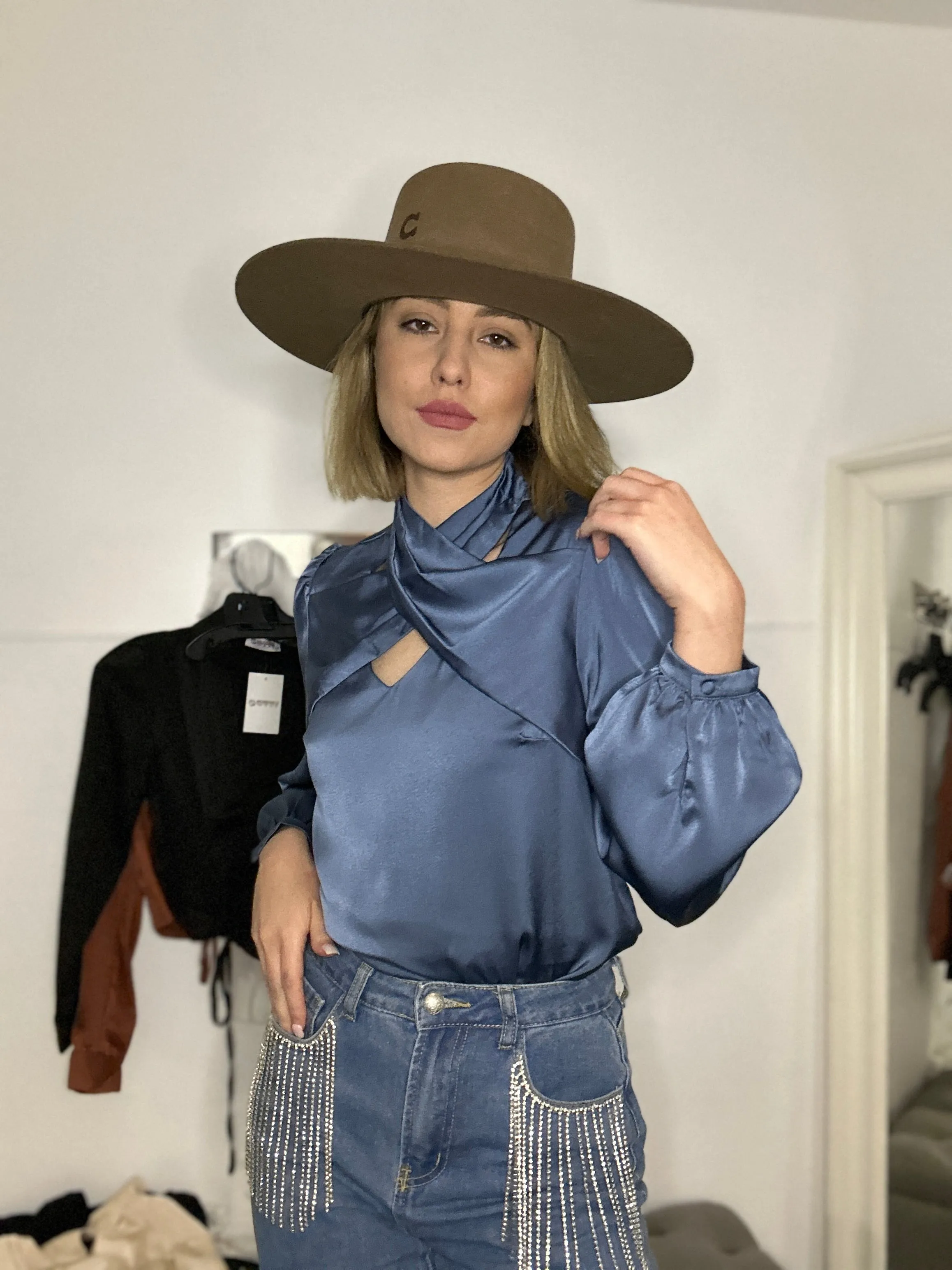 Analucia Dusty Blue Satin Top
