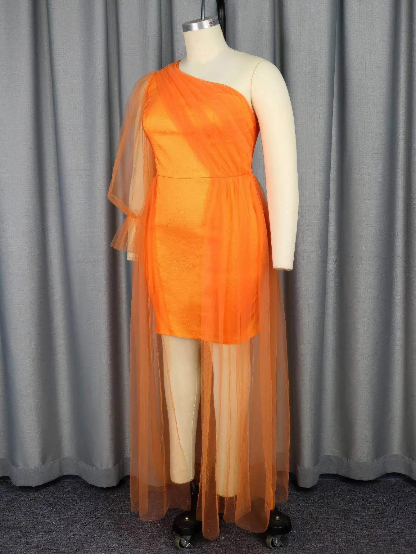 Asymmetrical Sleeves Shimmery Tulle Draped Dress