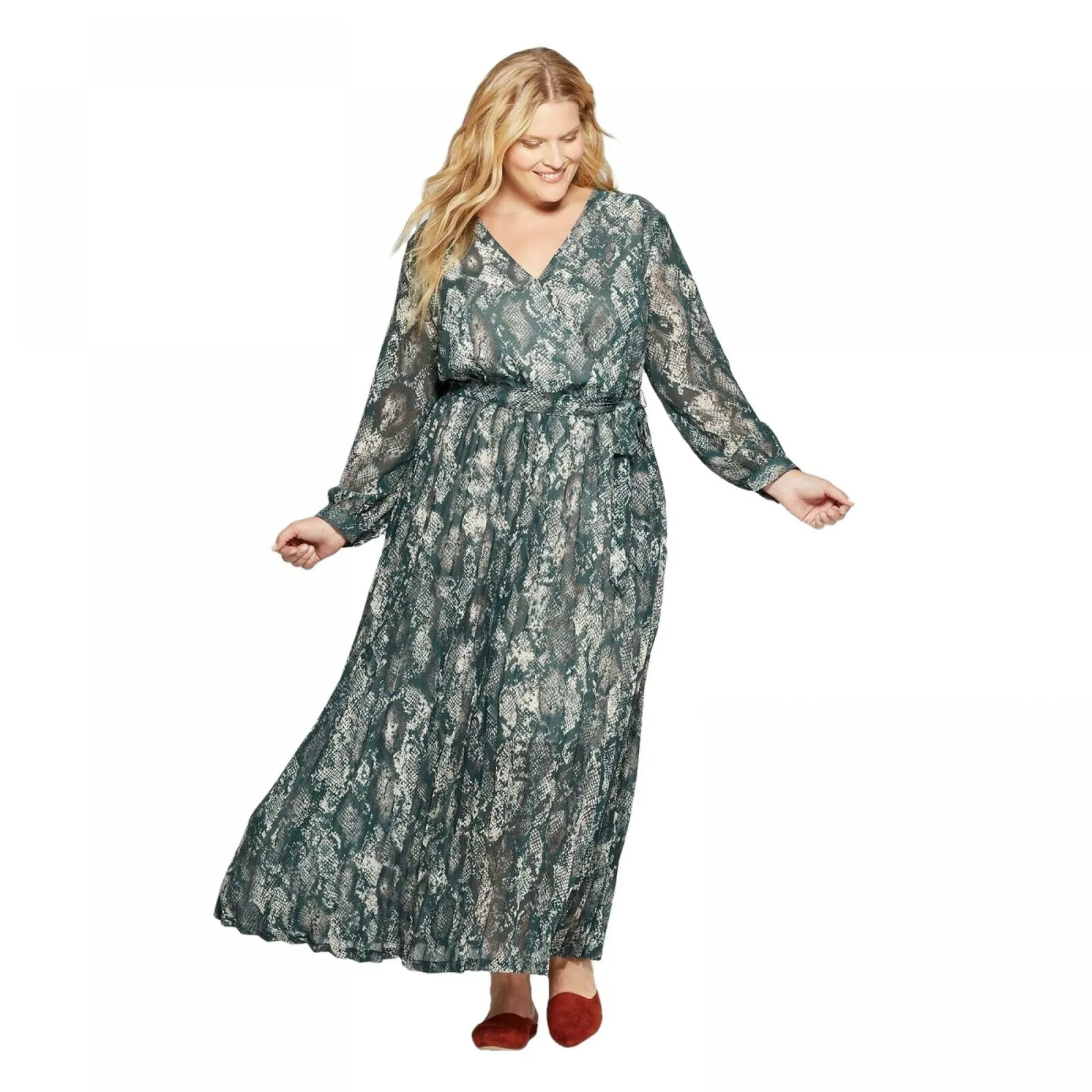 Ava & Viv Women's Plus Size Snake Print V-Neck Pleated Chiffon Wrap Dress