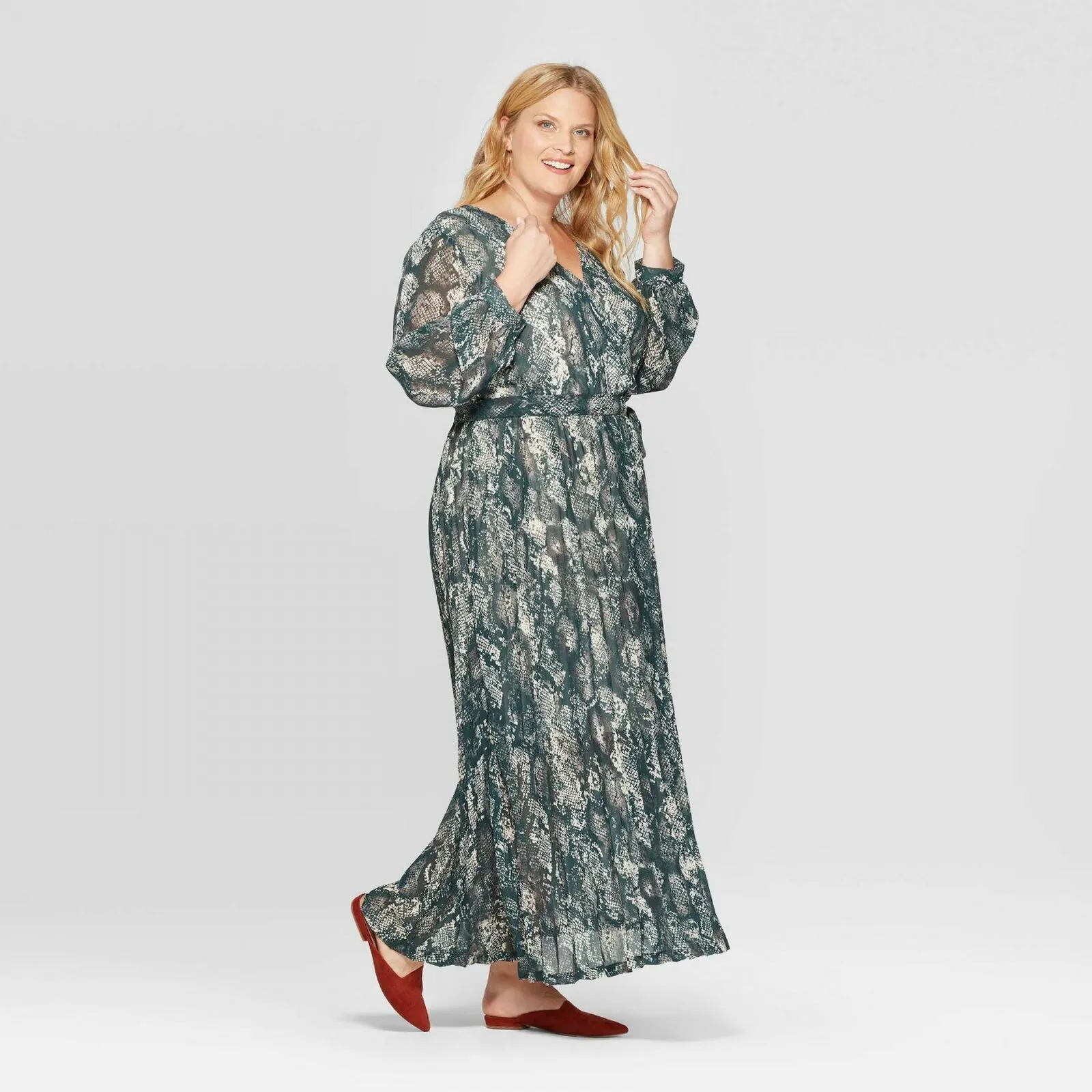 Ava & Viv Women's Plus Size Snake Print V-Neck Pleated Chiffon Wrap Dress