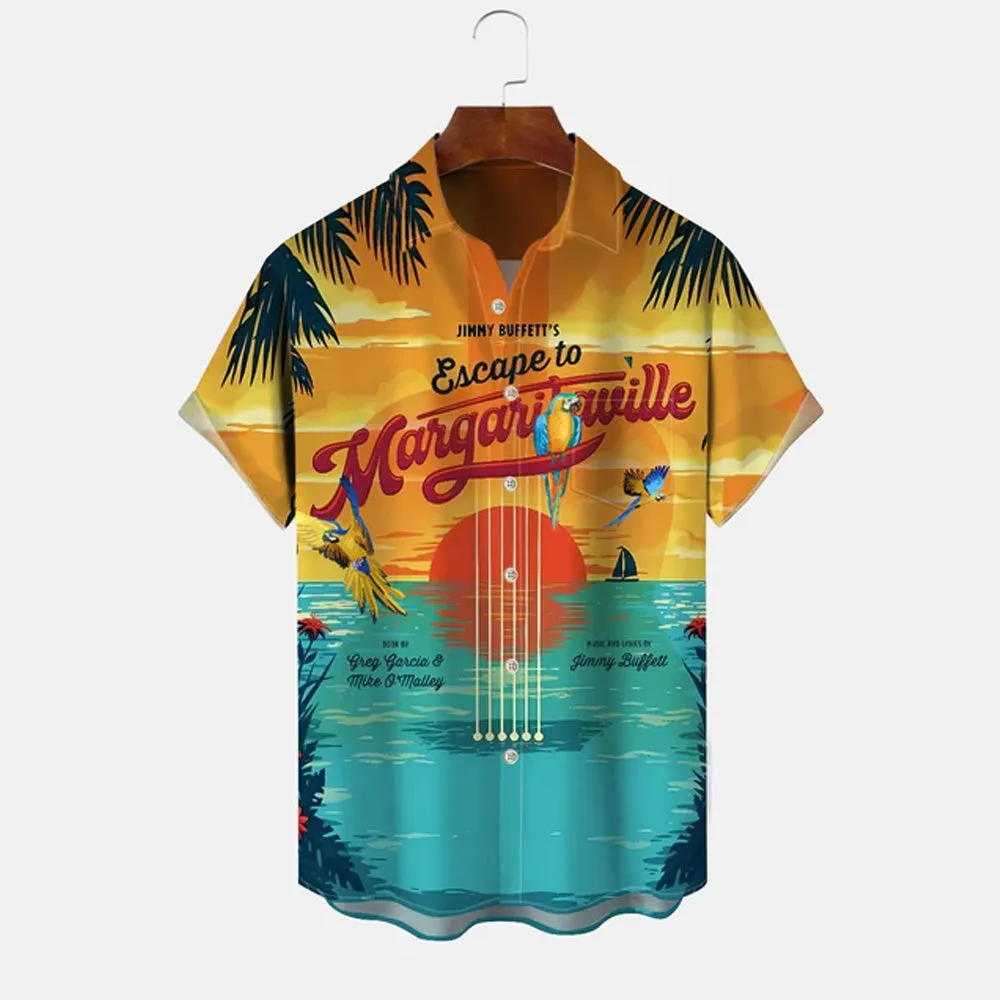 Beach Coconut Tree Parrot Button Pocket Casual Short Sleeve Shirt