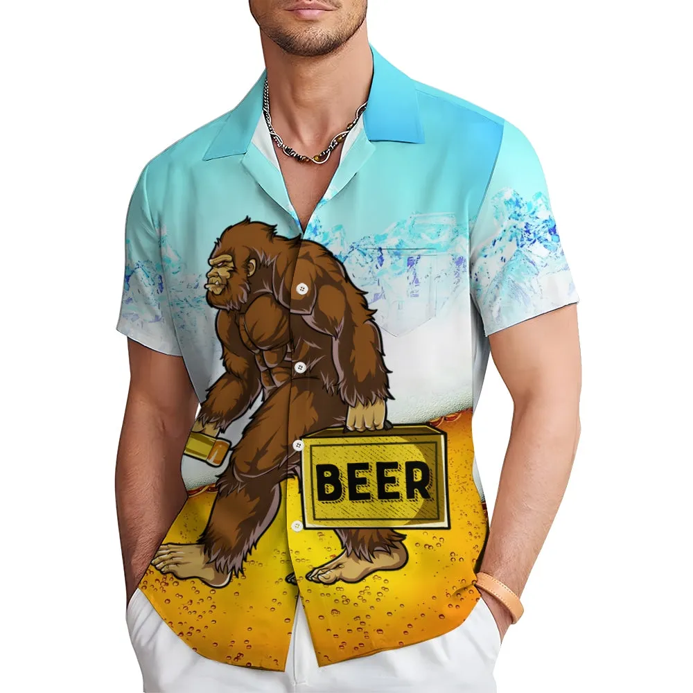Beer Bigfoot Print Casual Oversized Short Sleeve Shirt 2406003451