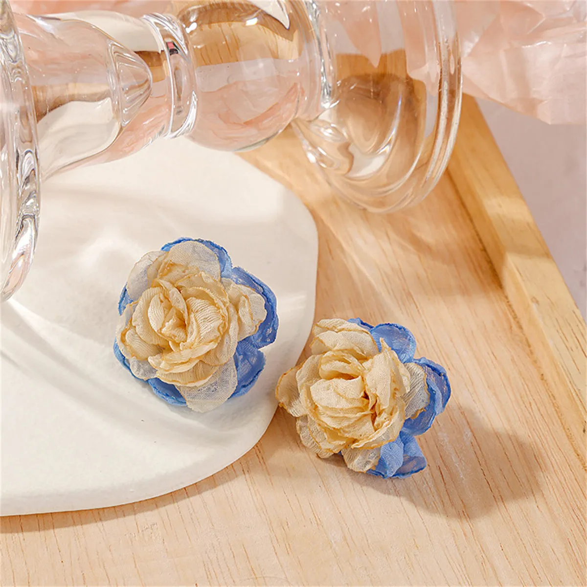 Beige & Blue Chiffon Flower Stud Earrings