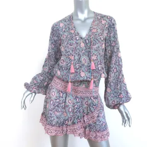 Bell Evelyn Long Sleeve Mini Dress Blue/Pink Printed Cotton-Silk Size Medium
