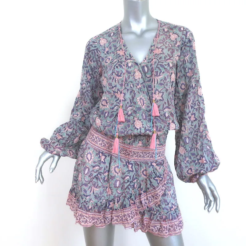 Bell Evelyn Long Sleeve Mini Dress Blue/Pink Printed Cotton-Silk Size Medium