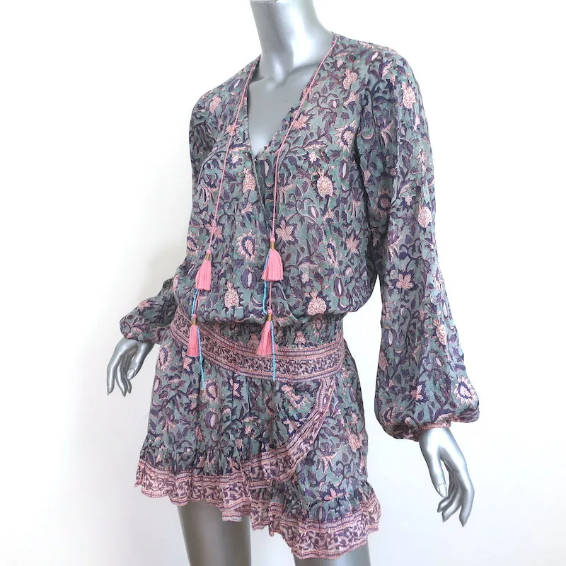 Bell Evelyn Long Sleeve Mini Dress Blue/Pink Printed Cotton-Silk Size Medium