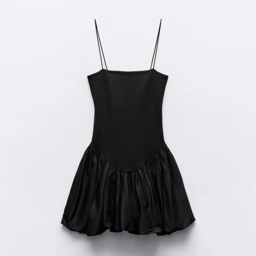 Black Contrast Ribbed Puff Skirt Dress