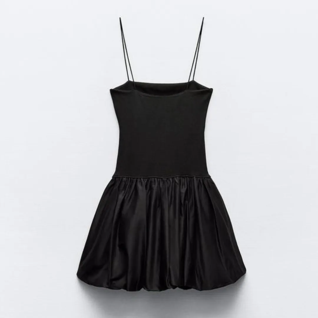 Black Contrast Ribbed Puff Skirt Dress