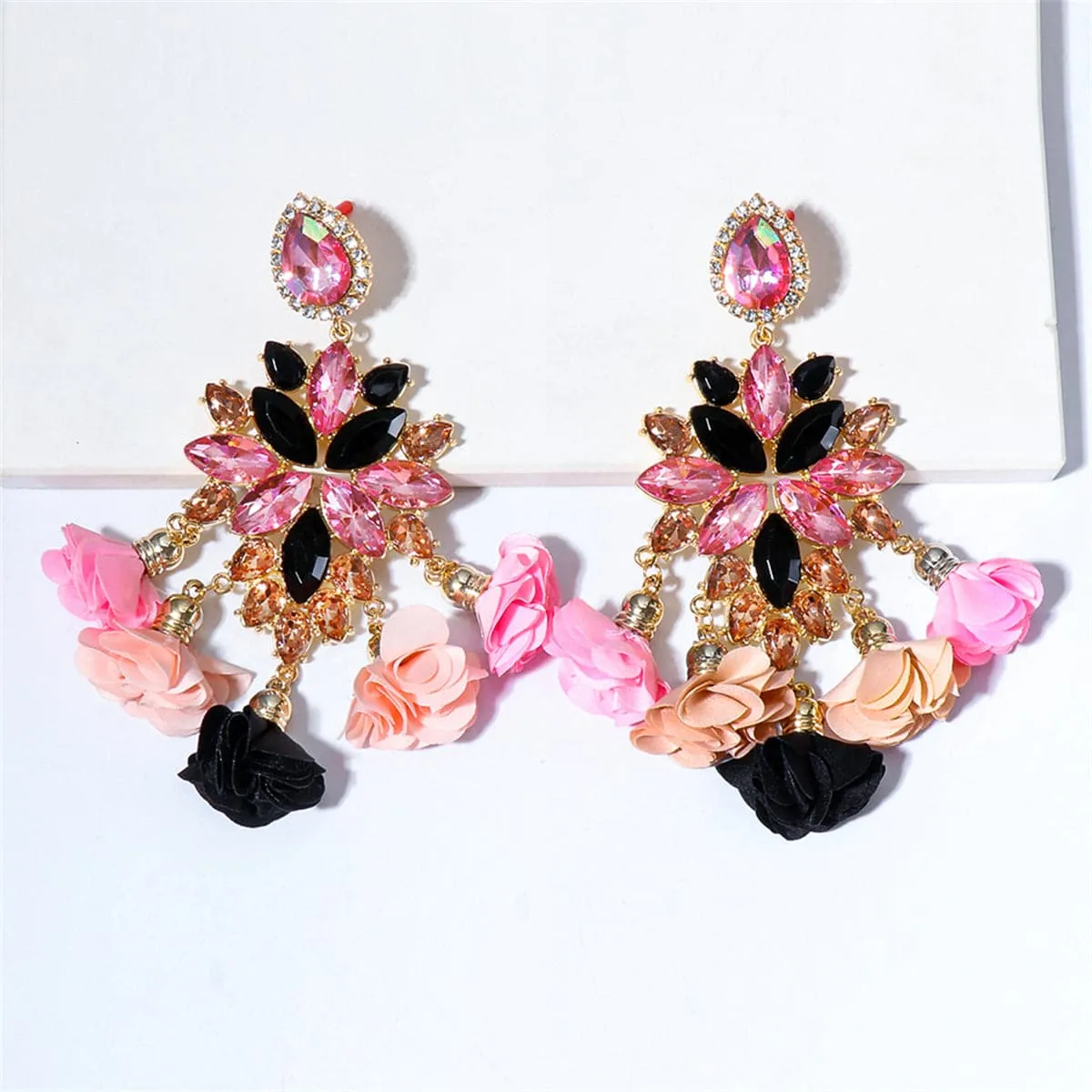 Black Crystal & Pink Cubic Zirconia Flower Tassel Drop Earrings