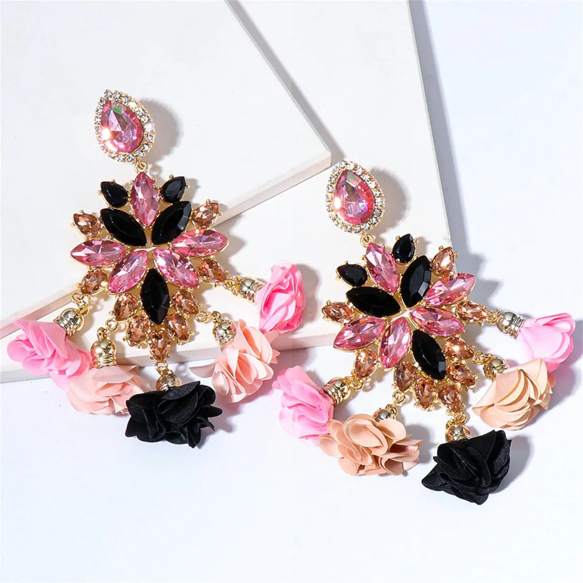 Black Crystal & Pink Cubic Zirconia Flower Tassel Drop Earrings
