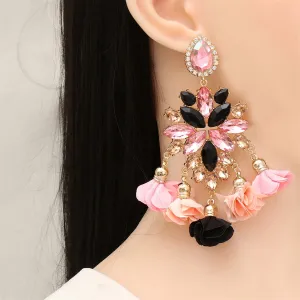 Black Crystal & Pink Cubic Zirconia Flower Tassel Drop Earrings