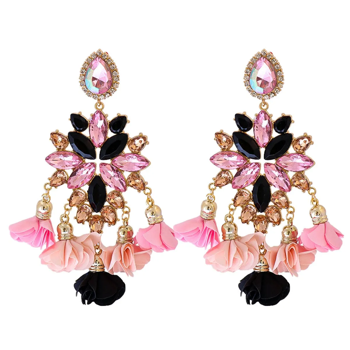 Black Crystal & Pink Cubic Zirconia Flower Tassel Drop Earrings