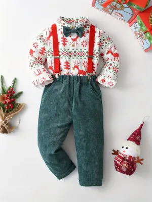 Boy's Christmas Style 2pcs, Bow Tie Shirt & Corduroy Overalls Set, Elk Print Long Sleeve Top, Casual Outfits, Kids Clothes For Spring Fall Winter