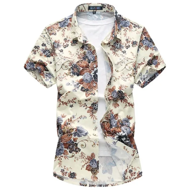 Button Up Shirts Men Fashion Stretch Flowers Short Sleeve Casual Shirts