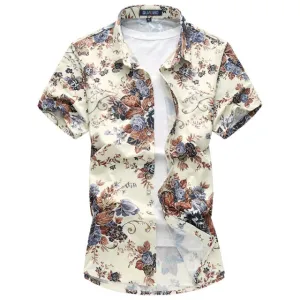 Button Up Shirts Men Fashion Stretch Flowers Short Sleeve Casual Shirts