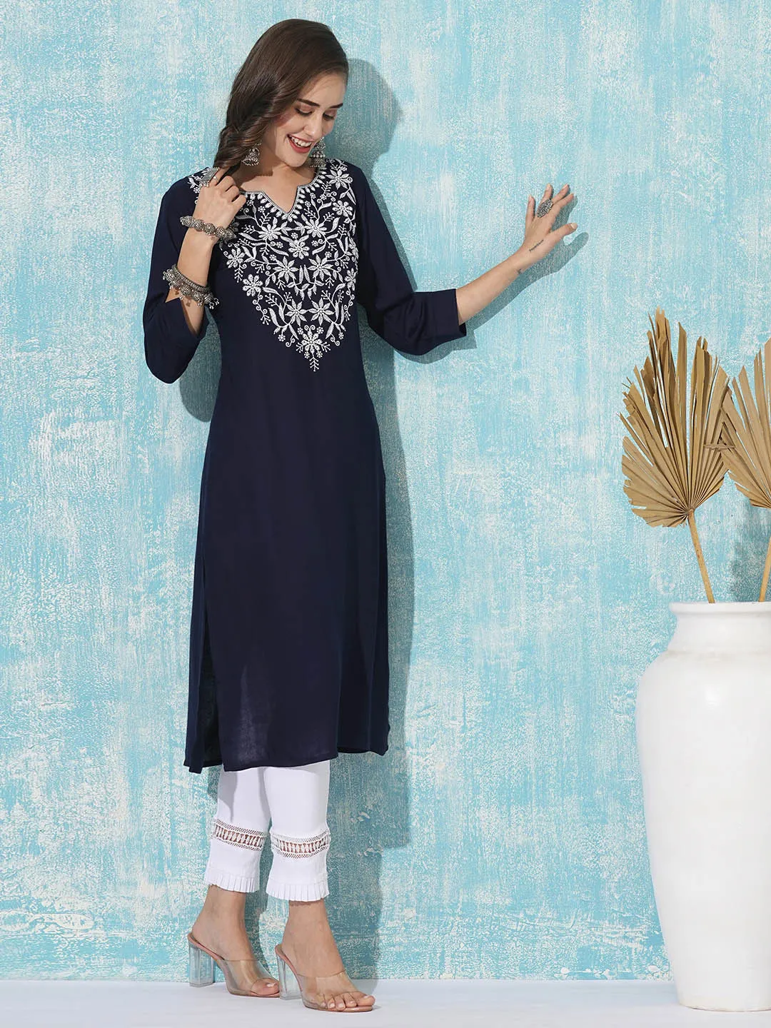 Buy NavyBlue Comfort Fit Rayon Kurta For Women Online In India - Zola