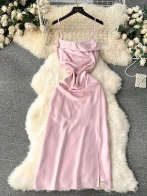 Cami Draped Side Slit Satin Dress