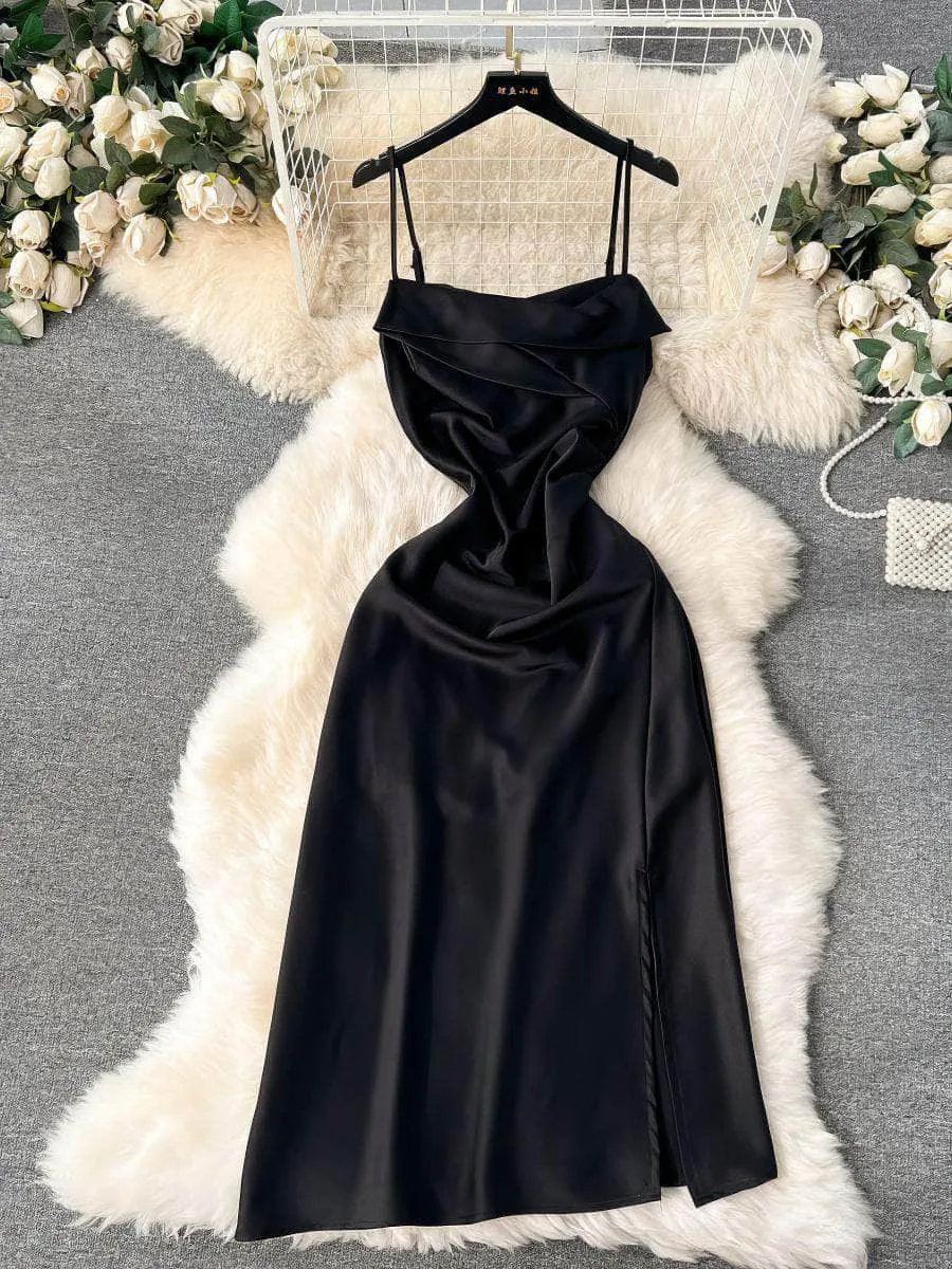 Cami Draped Side Slit Satin Dress
