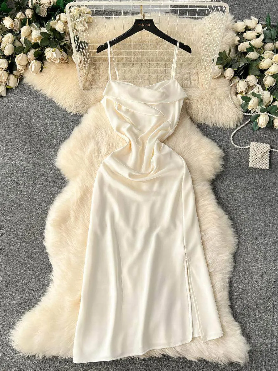 Cami Draped Side Slit Satin Dress