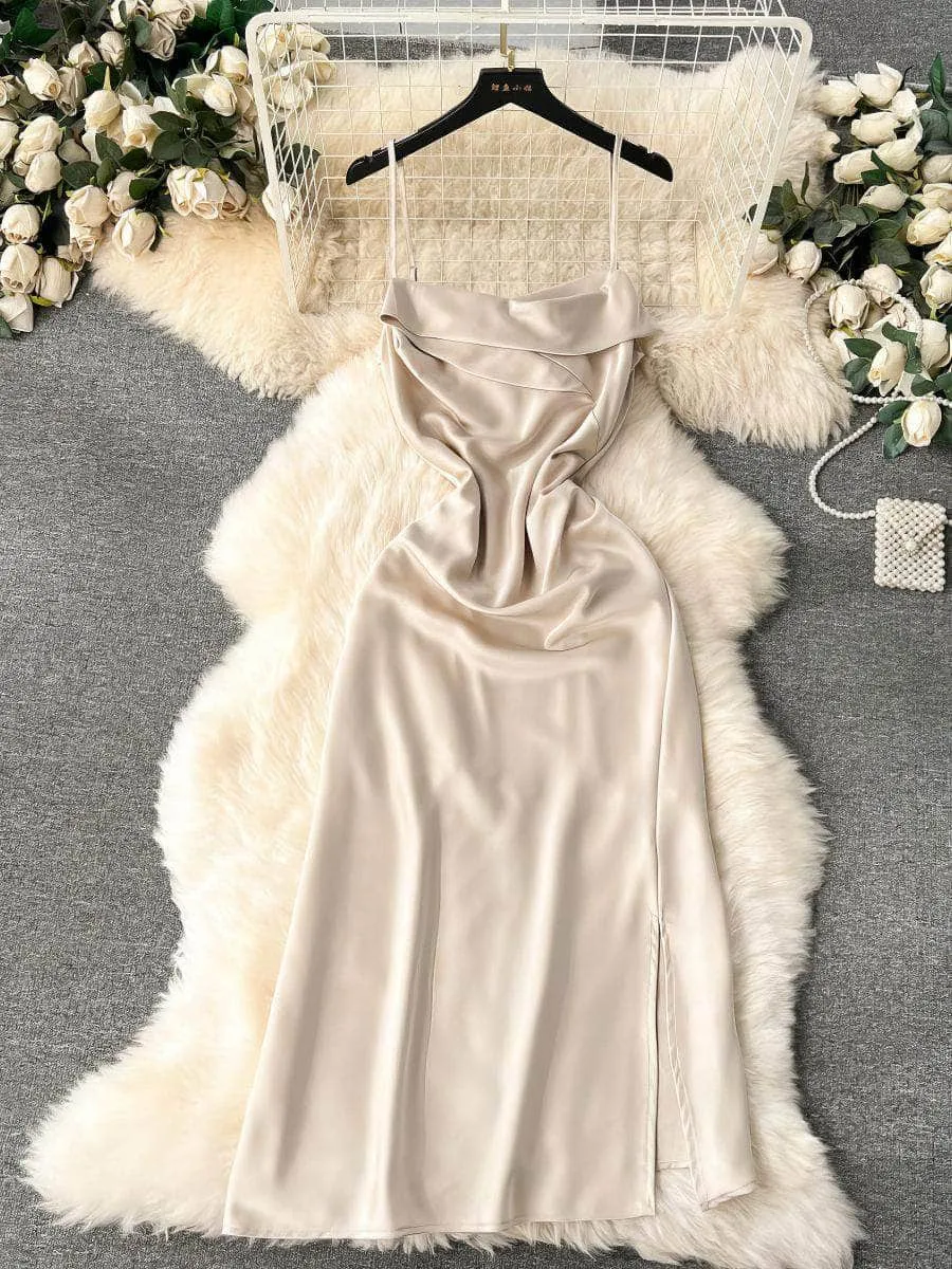 Cami Draped Side Slit Satin Dress