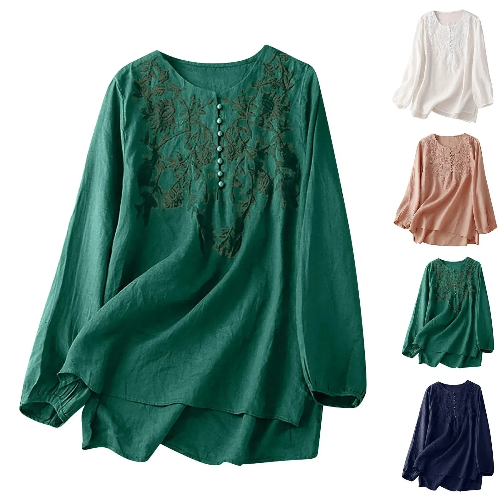 Casual Cotton Linen Blouse Shirts Korean Fashion Long Sleeved Oversize Tops And Blouses Embroidery Button Crewneck Loose Blusas