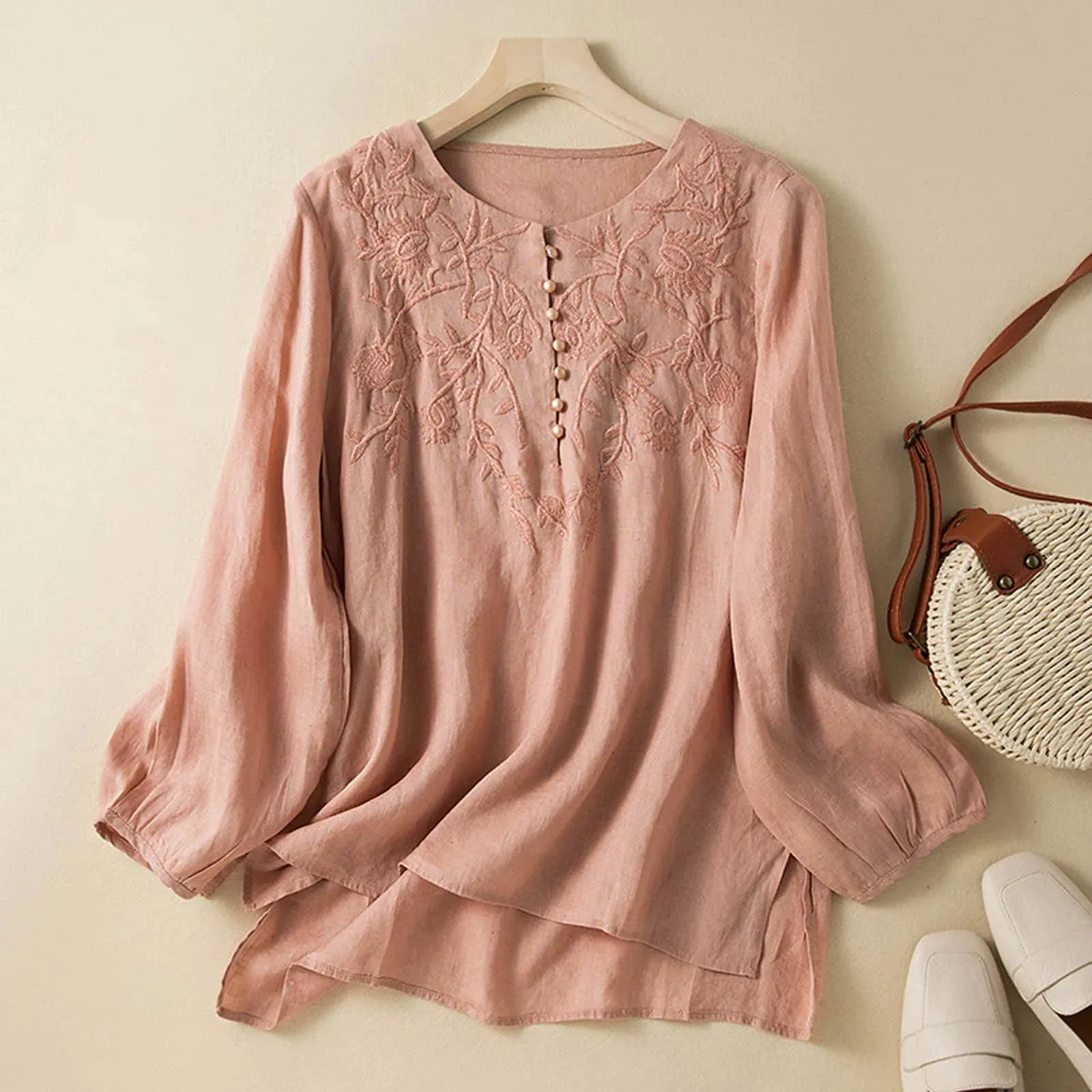 Casual Cotton Linen Blouse Shirts Korean Fashion Long Sleeved Oversize Tops And Blouses Embroidery Button Crewneck Loose Blusas
