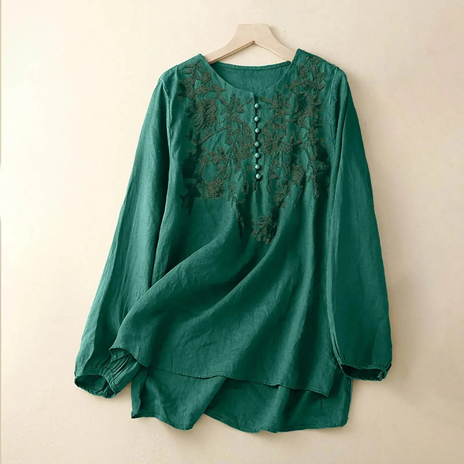 Casual Cotton Linen Blouse Shirts Korean Fashion Long Sleeved Oversize Tops And Blouses Embroidery Button Crewneck Loose Blusas