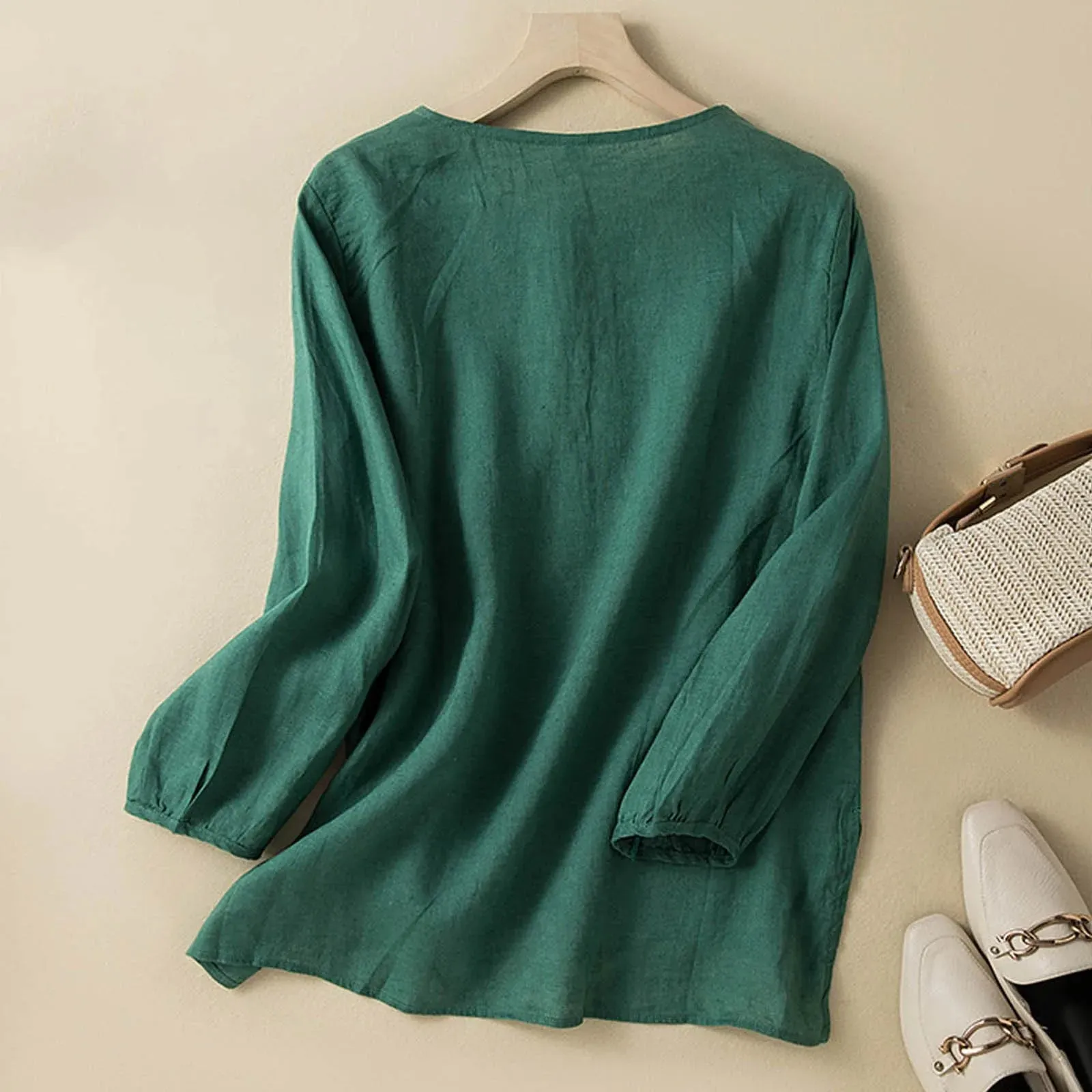 Casual Cotton Linen Blouse Shirts Korean Fashion Long Sleeved Oversize Tops And Blouses Embroidery Button Crewneck Loose Blusas