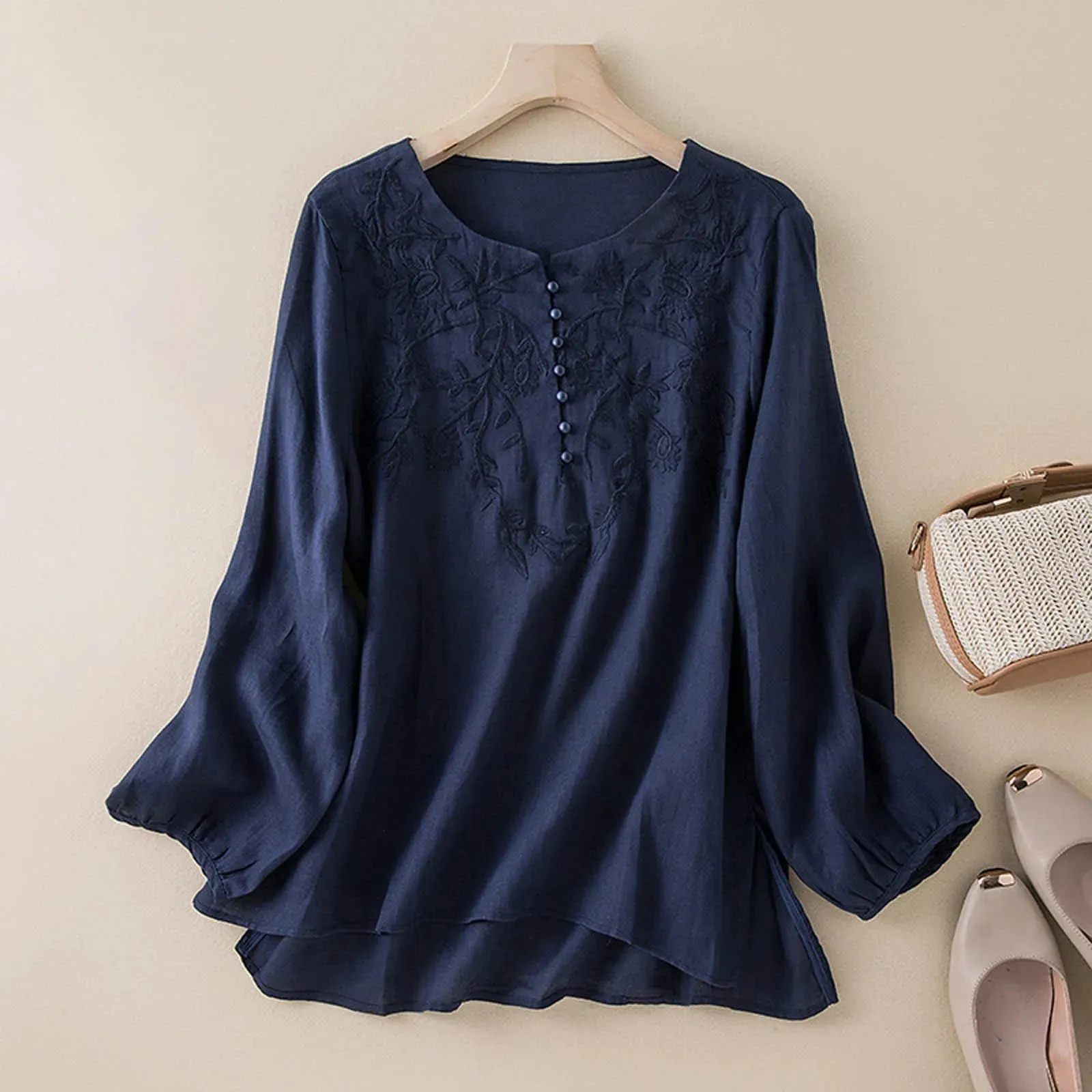 Casual Cotton Linen Blouse Shirts Korean Fashion Long Sleeved Oversize Tops And Blouses Embroidery Button Crewneck Loose Blusas