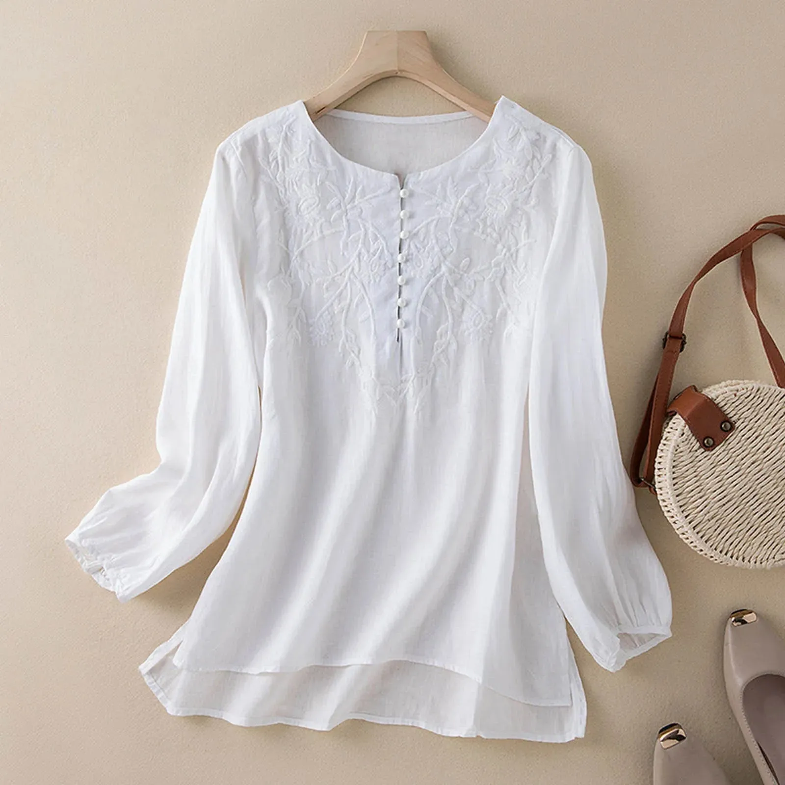 Casual Cotton Linen Blouse Shirts Korean Fashion Long Sleeved Oversize Tops And Blouses Embroidery Button Crewneck Loose Blusas