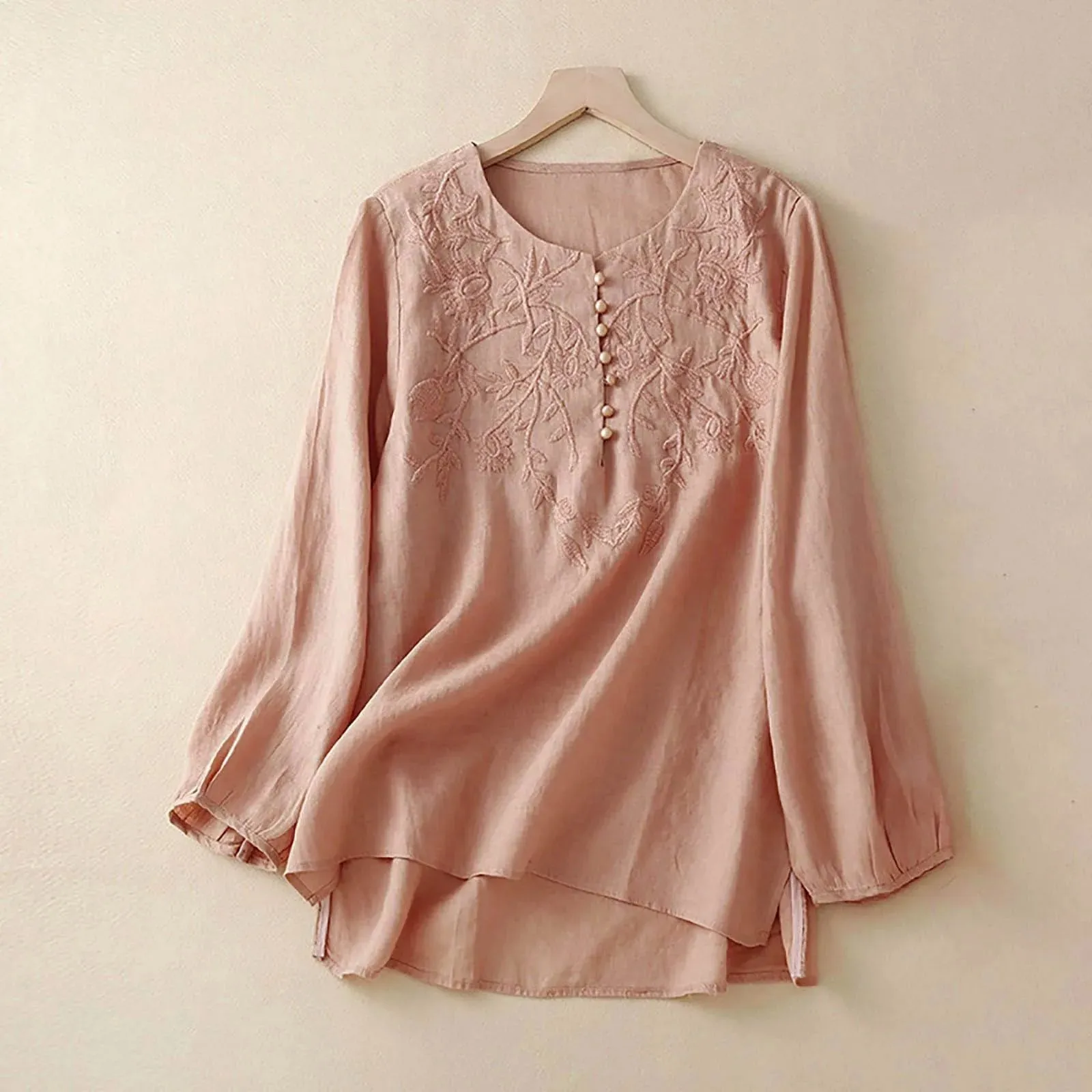 Casual Cotton Linen Blouse Shirts Korean Fashion Long Sleeved Oversize Tops And Blouses Embroidery Button Crewneck Loose Blusas