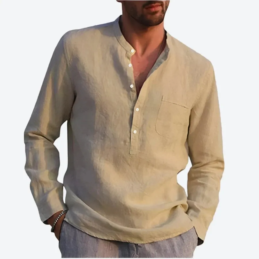 Casual Mandarin Collar Long Sleeve Linen Shirts