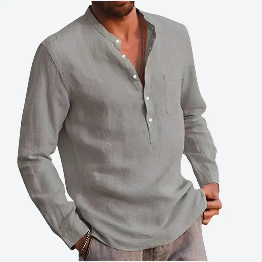 Casual Mandarin Collar Long Sleeve Linen Shirts