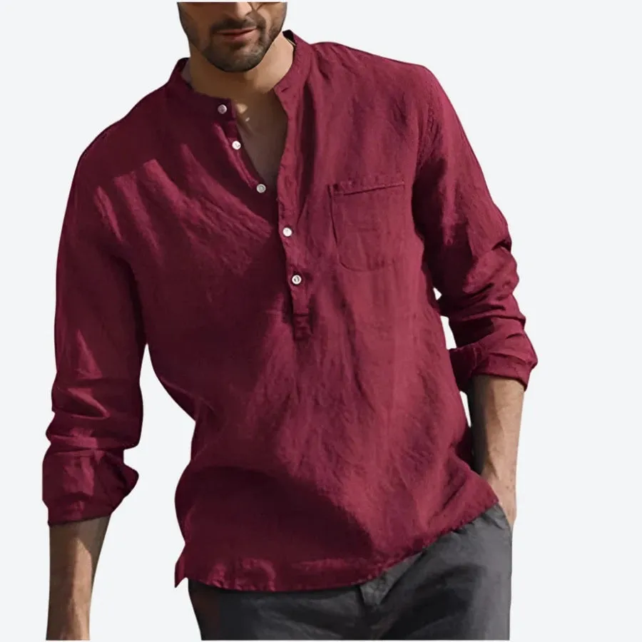 Casual Mandarin Collar Long Sleeve Linen Shirts