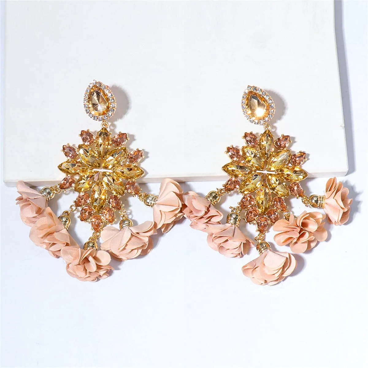 Champagne Crystal & Cubic Zirconia Silk 18K Gold-Plated Flower Tassel Drop Earrings