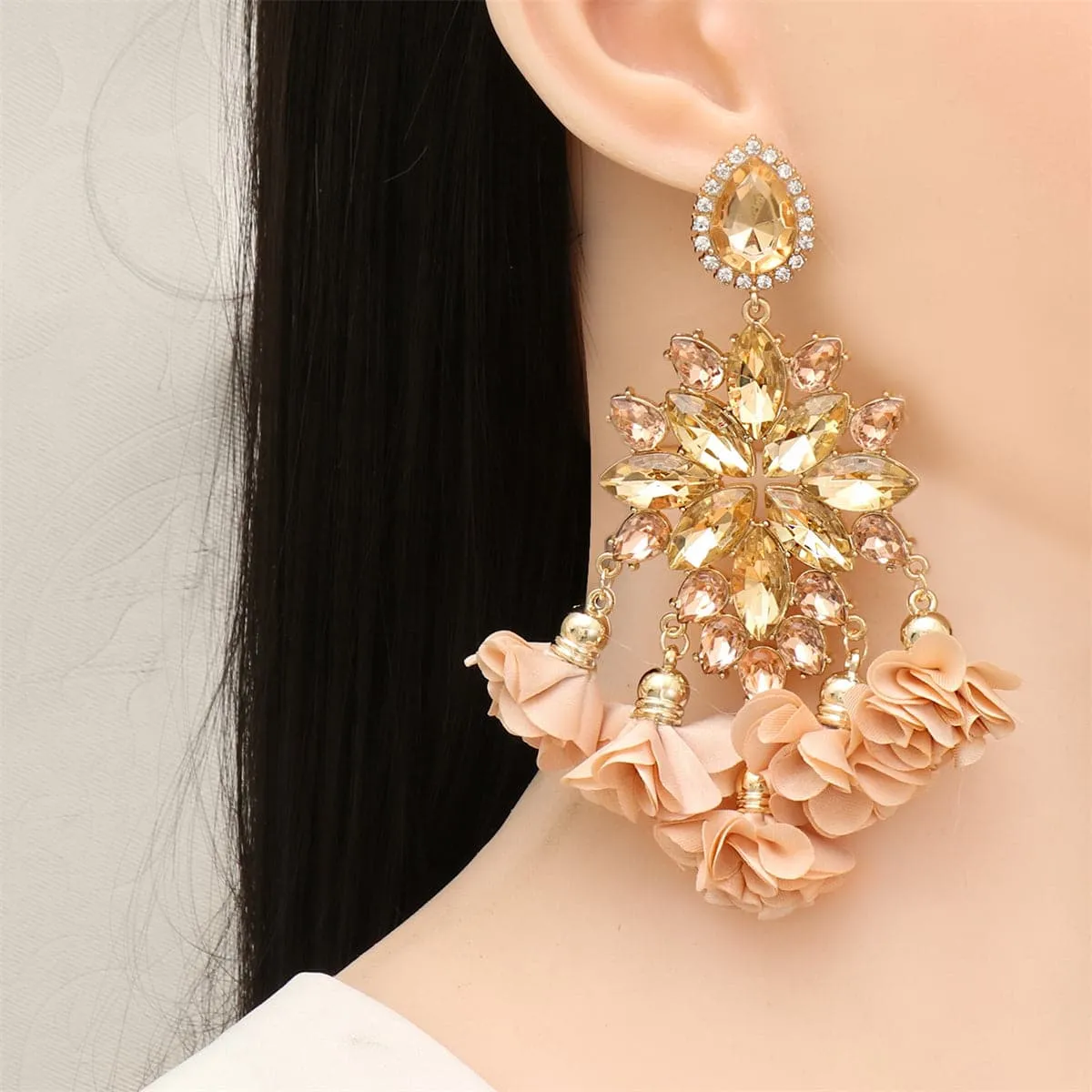 Champagne Crystal & Cubic Zirconia Silk 18K Gold-Plated Flower Tassel Drop Earrings