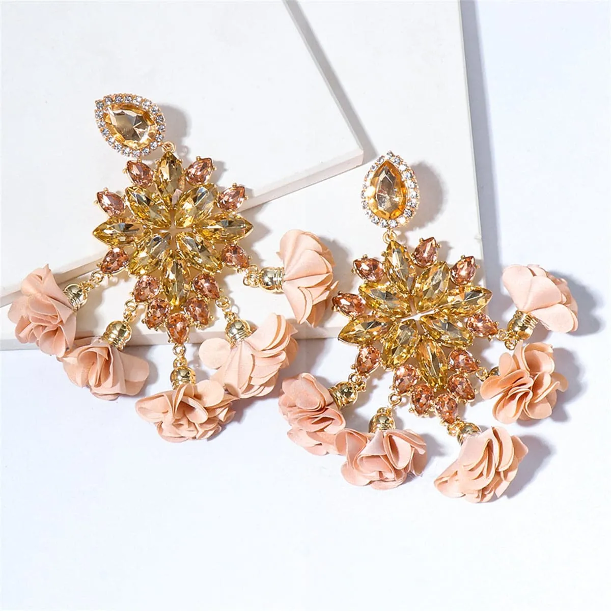 Champagne Crystal & Cubic Zirconia Silk 18K Gold-Plated Flower Tassel Drop Earrings