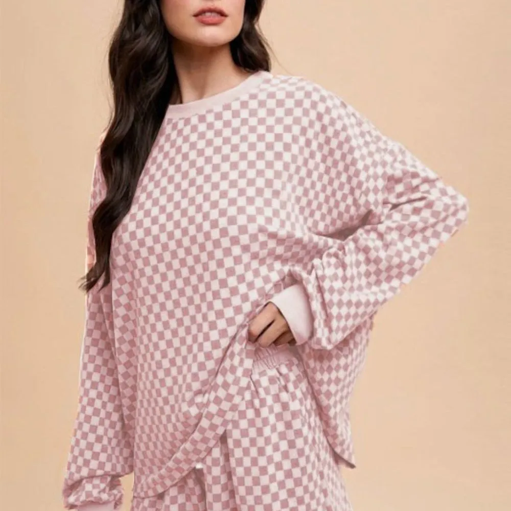 Checkered Round Neck Top and Drawstring Shorts Set