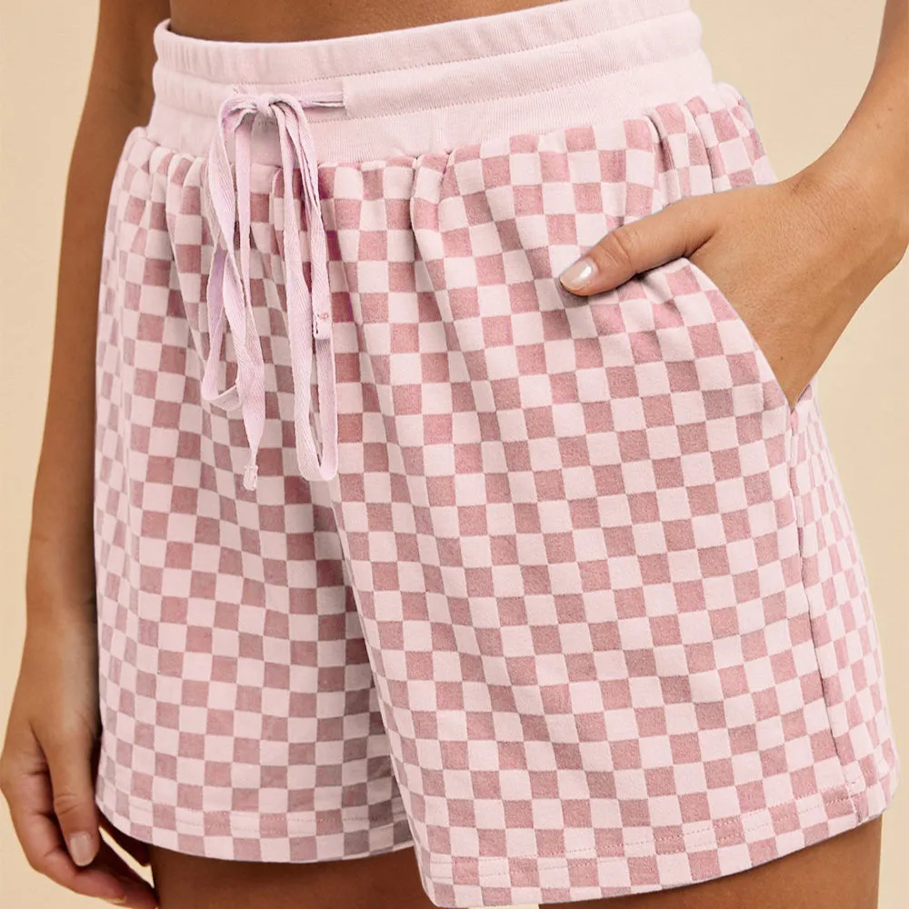Checkered Round Neck Top and Drawstring Shorts Set