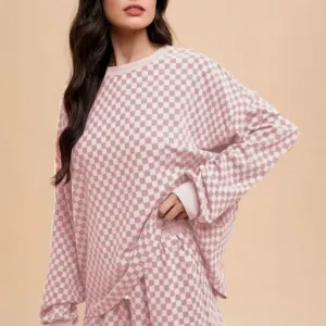Checkered Round Neck Top and Drawstring Shorts Set