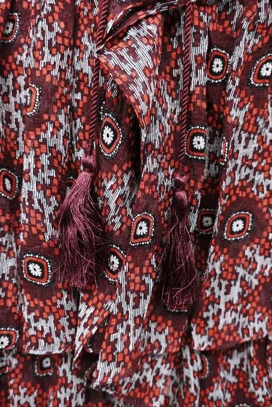 Cinq a Sept Dress Jasmine Red Printed Chiffon Size Extra Long Sleeve Tiered Mini
