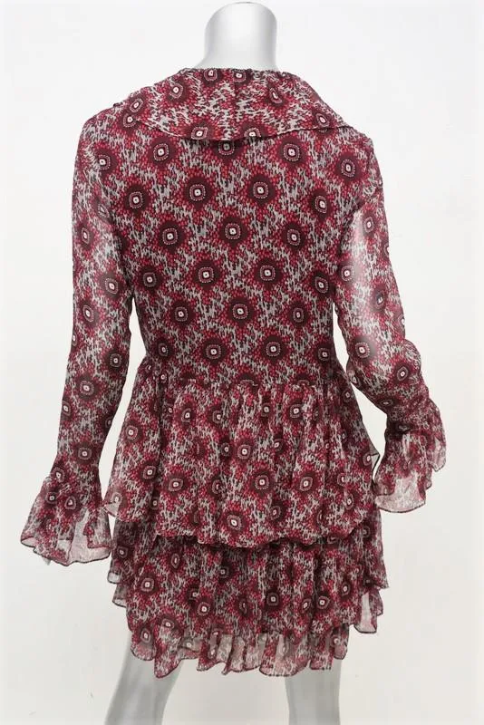 Cinq a Sept Dress Jasmine Red Printed Chiffon Size Extra Long Sleeve Tiered Mini