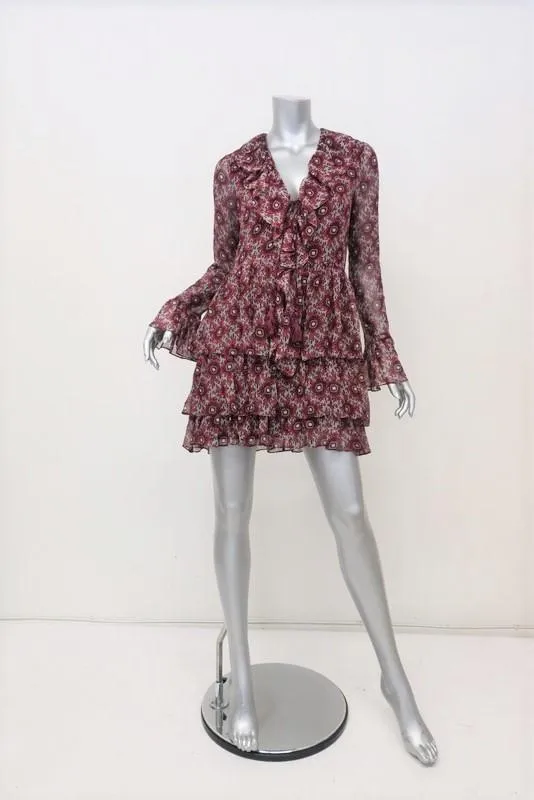 Cinq a Sept Dress Jasmine Red Printed Chiffon Size Extra Long Sleeve Tiered Mini